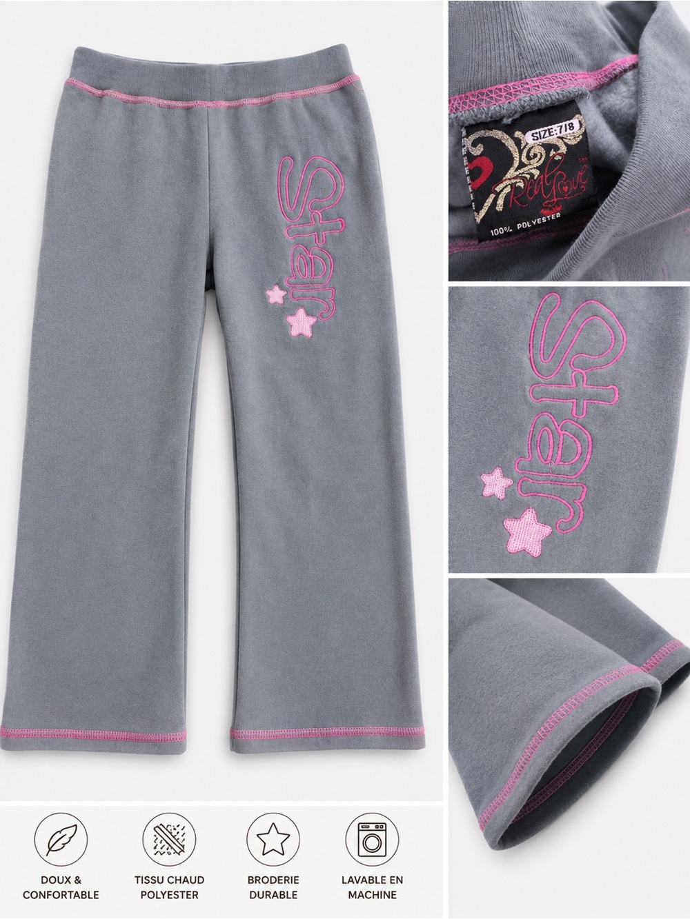 Girls Grey Fleece Pants with Pink Star Embroidery size 7-8 years ( No tag new)
